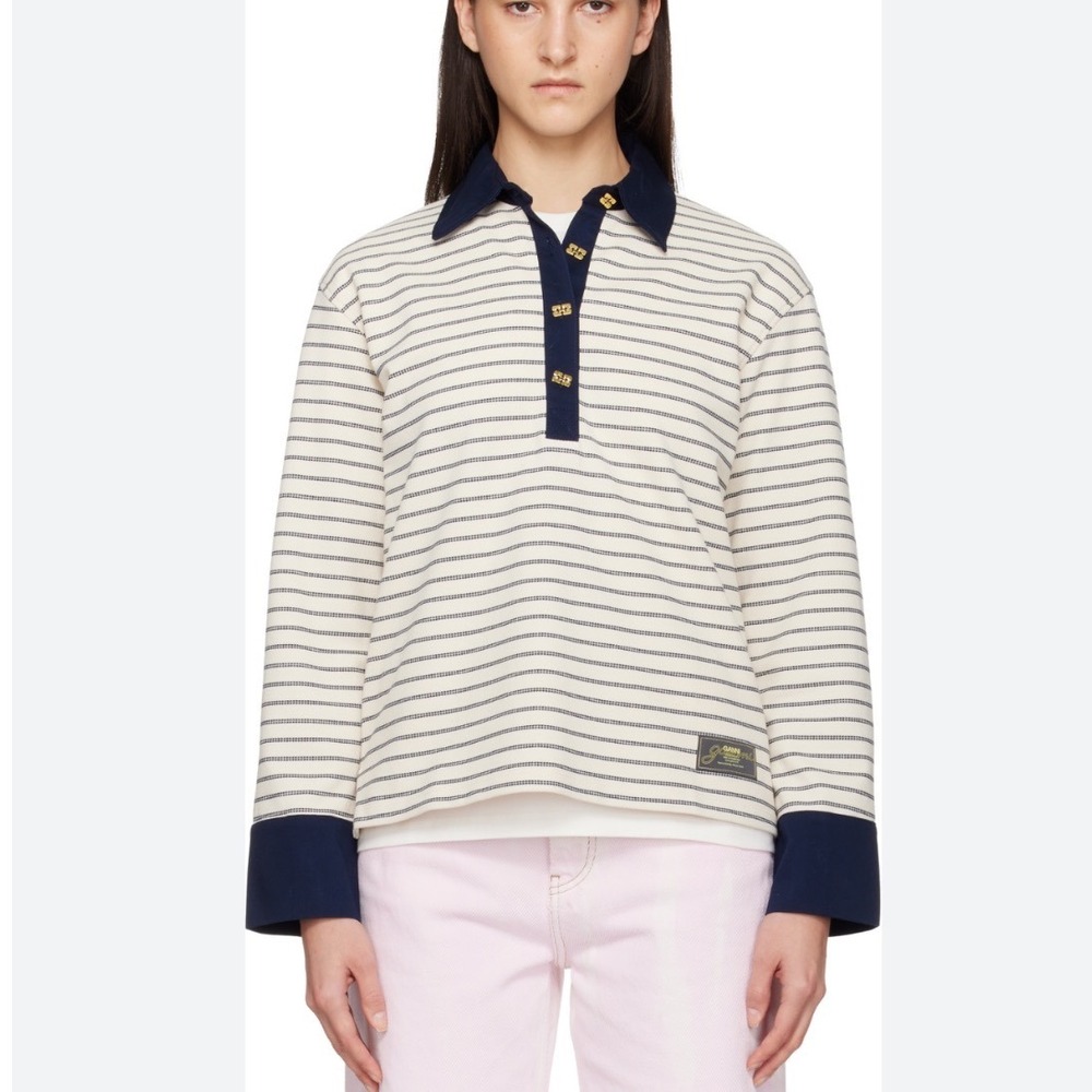 Ganni Single Piquet Striped Jersey Polo Shirt M 100% Organic Cotton  NEW "flaw"